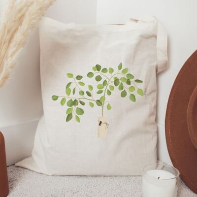 Sac en tissu eucalyptus dans un vase - sac à provisions branches sac en jute