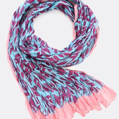 Silk scarf Bright Leaves – sky blue/fuchsia