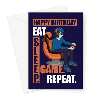 Tarjeta de cumpleaños de videojugador para él | Repetir el juego Eat Sleep