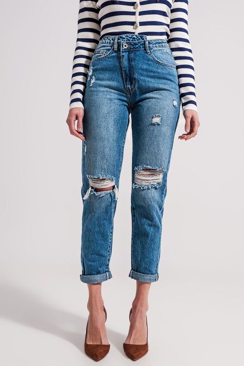 Asymmetric button detail jeans in mid blue