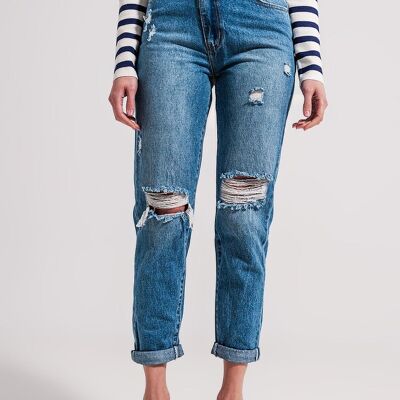 Asymmetric button detail jeans in mid blue