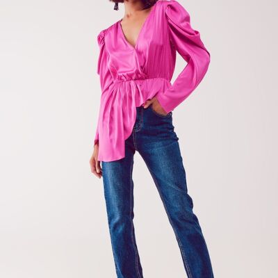 Asymmetrische Bluse mit Puffärmeln in Fuchsia