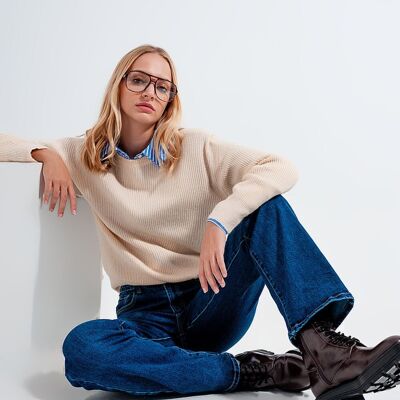 Pull col rond beige