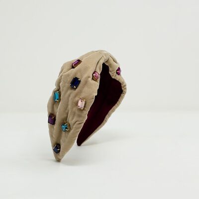 Beige velvet headband with rhinestone embellishments