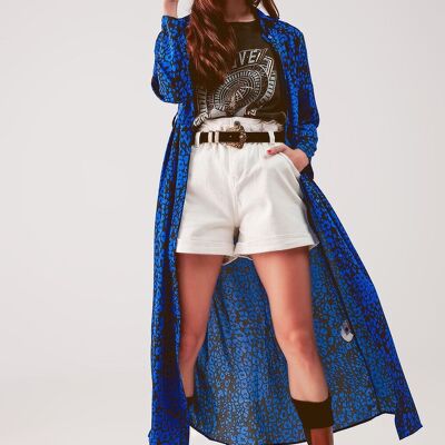 Belted maxi shirt dress in blue animal print