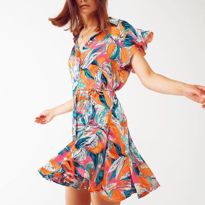 Belted Mini Shirt Dress With Floral Print in Orange