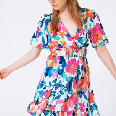 belted soft satin dress with flower print