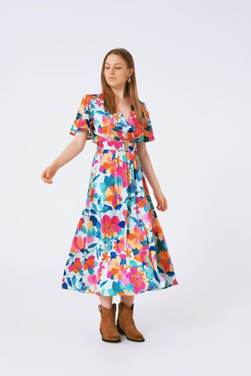 belted soft satin maxi dress with flower print