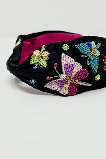 Bandeau noir avec papillons et fleurs brodés 2