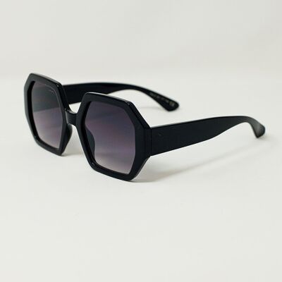 Schwarze sechseckige übergroße Sonnenbrille im Vintage-Stil