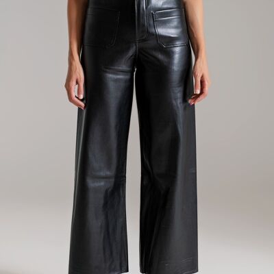 black palazzo-style faux leather pants with pocket detail