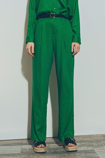 Pantalon large en tissu de coton léger vert 1