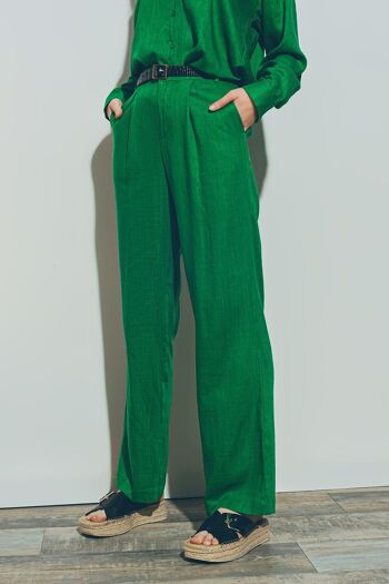 Pantalon large en tissu de coton léger vert 4