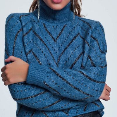 Woven blue turtleneck sweater