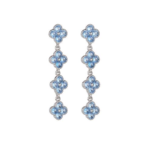 Blue lucky clover Longline Drop Earrings-Radiant Blue Zirconia stones with silver frame