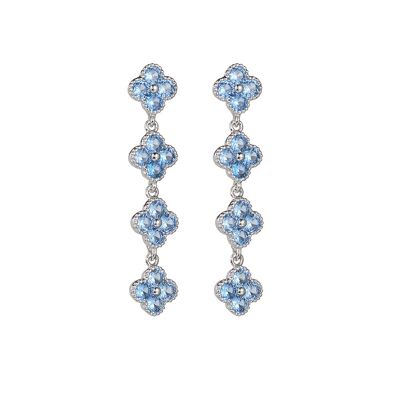 Boucles d'oreilles longues trèfle porte-bonheur bleu, pierres de zircone bleues radiantes avec cadre argenté