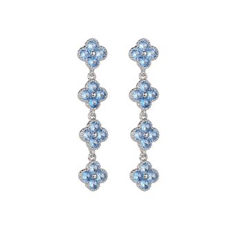 Boucles d'oreilles longues trèfle porte-bonheur bleu, pierres de zircone bleues radiantes avec cadre argenté 1