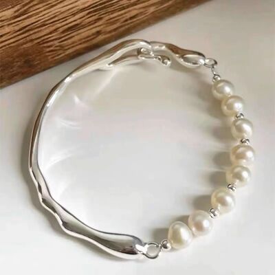Silver tree - Handmade natural baroque pearl beads bracelet with art piece sterling silver tree branch-AAAA quality