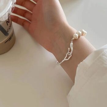 Arbre en argent - Bracelet de perles baroques naturelles faites à la main avec une pièce d'art branche d'arbre en argent sterling-qualité AAAA 6