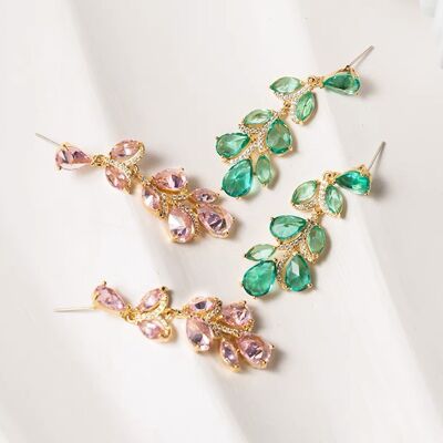 Pendientes colgantes grandes con forma de hojas elegantes estilo princesa, circonitas rosas y verdes de calidad AAAA