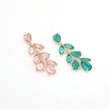 Boucles d'oreilles pendantes en forme de feuilles fantaisie de Style princesse, zircone rose et vert de qualité AAAA 3