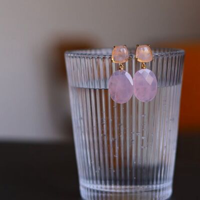 Boucles d'oreilles pendantes en cristal de quartz rose style princesse romantique - Or vermeil - Pierre d'Amour