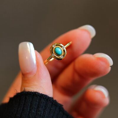 Moderner ovaler Vintage-Ring aus natürlichem Malachitstein – Gold Vermeil – verstellbar