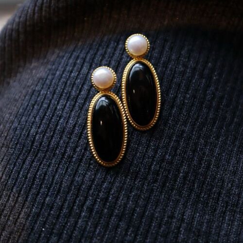 Modern vintage genuine black onyx large drop earrings with freshwater pearl-Gold vermeil