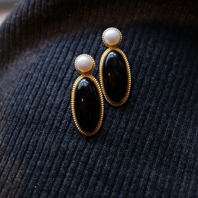 Pendientes colgantes grandes de ónix negro genuino vintage moderno con perlas de agua dulce-Vermeil dorado