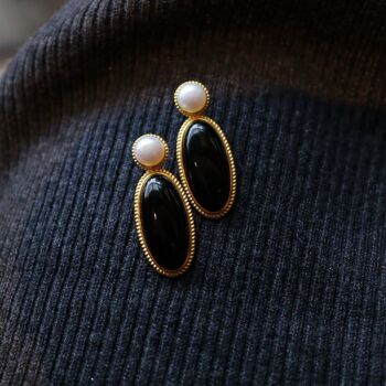 Grandes boucles d’oreilles modernes vintage en onyx noir véritable avec perle d’eau douce-Or vermeil 2