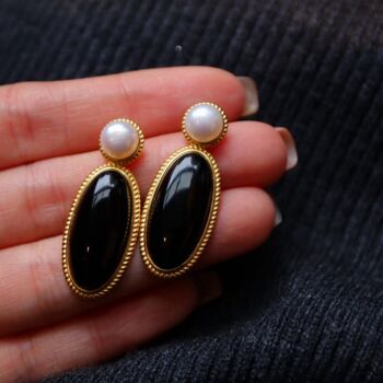 Grandes boucles d’oreilles modernes vintage en onyx noir véritable avec perle d’eau douce-Or vermeil 3