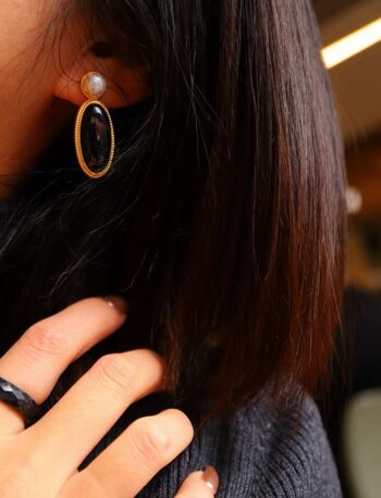 Grandes boucles d’oreilles modernes vintage en onyx noir véritable avec perle d’eau douce-Or vermeil 5