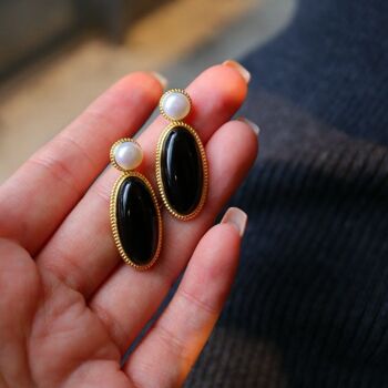 Grandes boucles d’oreilles modernes vintage en onyx noir véritable avec perle d’eau douce-Or vermeil 6