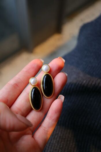 Grandes boucles d’oreilles modernes vintage en onyx noir véritable avec perle d’eau douce-Or vermeil 7