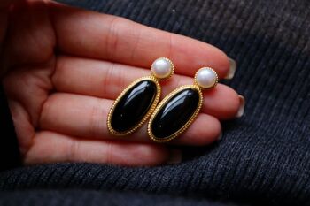 Grandes boucles d’oreilles modernes vintage en onyx noir véritable avec perle d’eau douce-Or vermeil 8