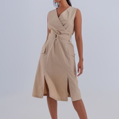 Wrap dress with tie waist detail in beige