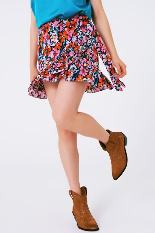 Wrap frill mini skirt in orange and pink