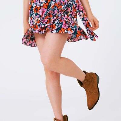 Wrap frill mini skirt in orange and pink