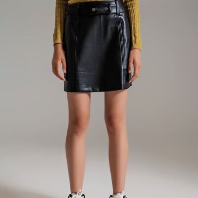 Black Straight faux leather mini skirt with belt