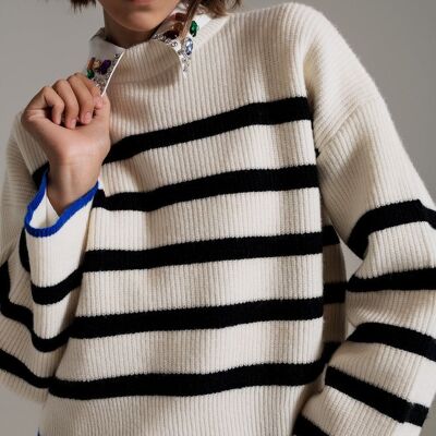 black striped jumper with blue stripe detail on the bottom
