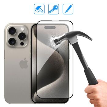 Protecteur d'écran en verre trempé à couverture complète DAM pour iPhone 15 Pro 6,55x0,06x14,15 cm. Couleur transparente 3