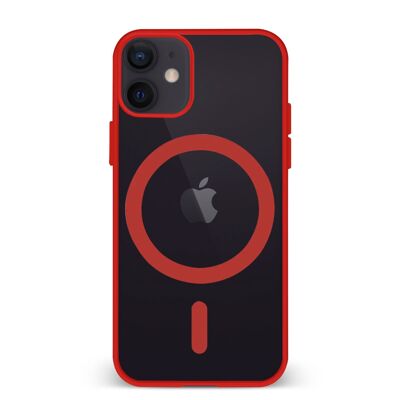 Coque hybride anti-choc DAM Magsafe pour iPhone 12 Mini.  Bords en silicone et dos en PVC.  6,7x1,02x13,43 cm. Couleur rouge