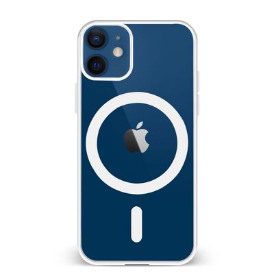 Custodia ibrida anti-shock DAM Magsafe per iPhone 12 Mini. Bordi in silicone e retro in PVC. 6,7x1,02x13,43 cm. Colore bianco
