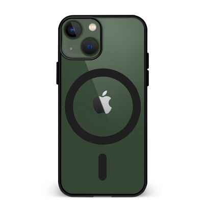 Coque hybride anti-choc DAM Magsafe pour iPhone 13 Mini.  Bords en silicone et dos en PVC.  6,7x1,04x13,43 cm. La couleur noire