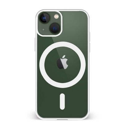 Coque hybride anti-choc DAM Magsafe pour iPhone 13 Mini.  Bords en silicone et dos en PVC.  6,7x1,04x13,43 cm. Couleur blanche