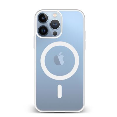 Custodia ibrida anti-shock DAM Magsafe per iPhone 13 Pro. Bordi in silicone e retro in PVC. 7,43x1,04x14,95 centimetri. Colore bianco