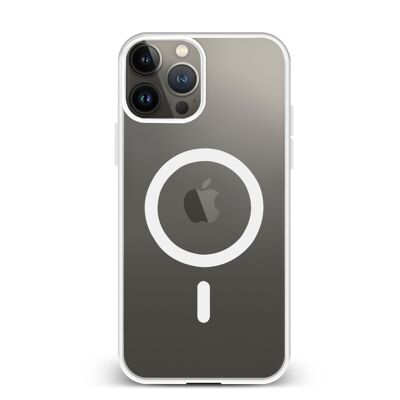 Custodia ibrida anti-shock DAM Magsafe per iPhone 13 Pro Max. Bordi in silicone e retro in PVC. 8,09x1,04x16,36 cm. Colore bianco