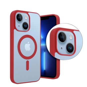 Coque hybride anti-choc DAM Magsafe pour iPhone 13 / 14.  Bords en silicone et dos en PVC.  7,43x1,06x14,95cm. Couleur rouge 4