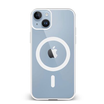 Custodia ibrida anti-shock DAM Magsafe per iPhone 13 / 14. Bordi in silicone e retro in PVC. 7,43x1,06x14,95 centimetri. Colore bianco