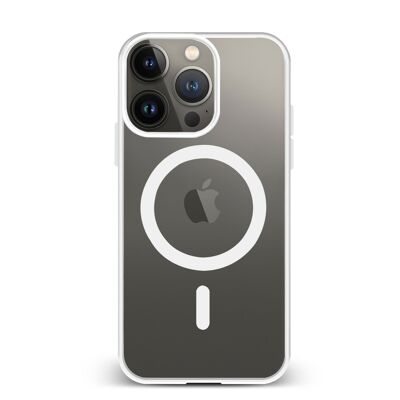 Custodia ibrida anti-shock DAM Magsafe per iPhone 14 Pro. Bordi in silicone e retro in PVC. 7,43x1,06x15,06 cm. Colore bianco